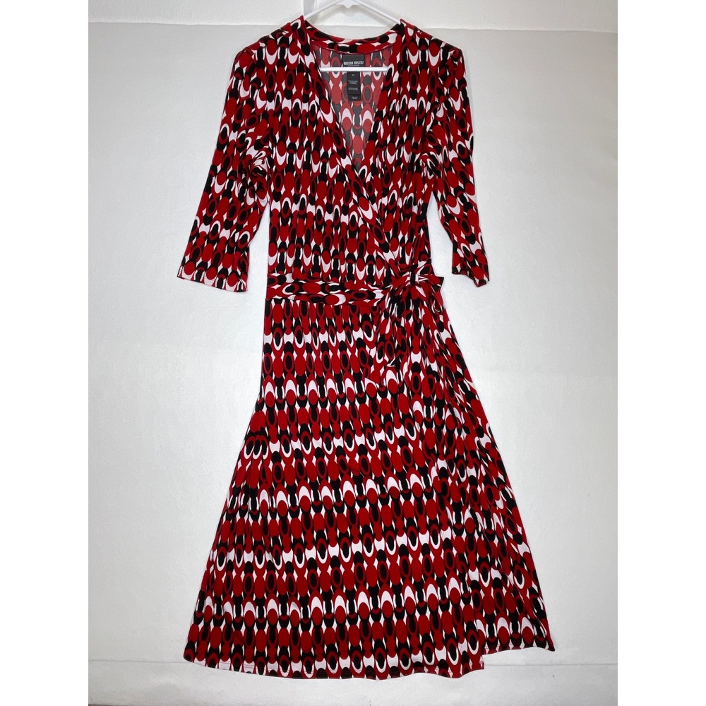 Bisou Bisou Michele Bohbot Women Wrap Dress Geometric Mod Print 12 Red Black